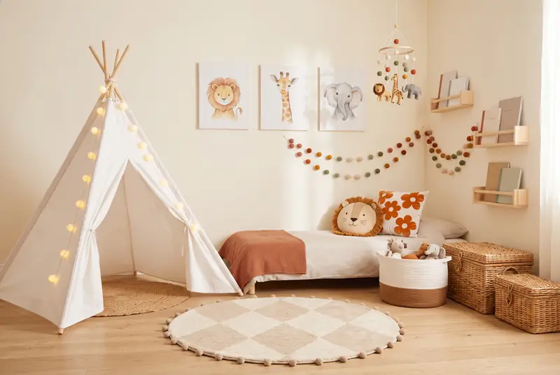Chambre d’enfant claire : tipi en toile blanche avec guirlande lumineuse, tapis rond beige à damier et pompons, trois affiches lion, girafe et éléphant, mobile en bois avec boules de feutre, étagères murales à livres, guirlandes de pompons colorés, coussin lion et coussin à fleurs orange sur le lit, panier en corde blanc et brun plein de peluches, deux coffres en osier.