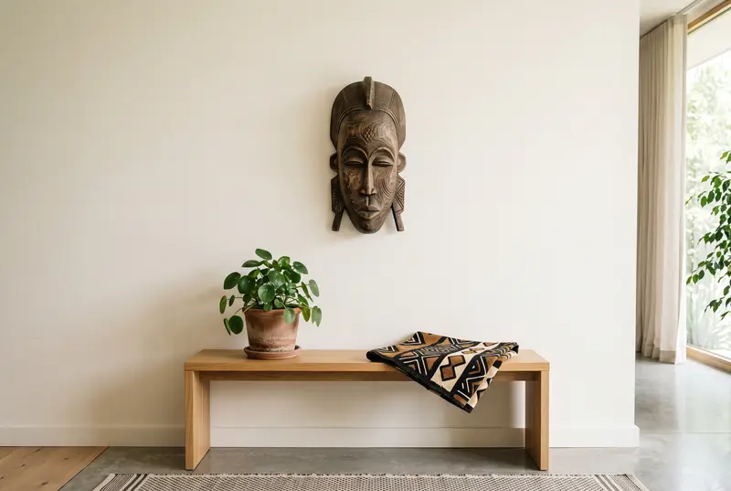 Masque africain en bois sculpté accroché seul sur un mur crème, au-dessus d’une console avec une plante et un tissu bogolan plié.