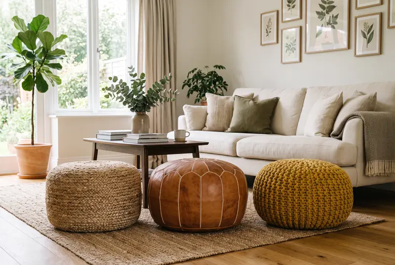 Trois poufs côte à côte sur un tapis en jute : un pouf en jonc tressé, un pouf en cuir cousu main et un pouf en tricot moutarde.