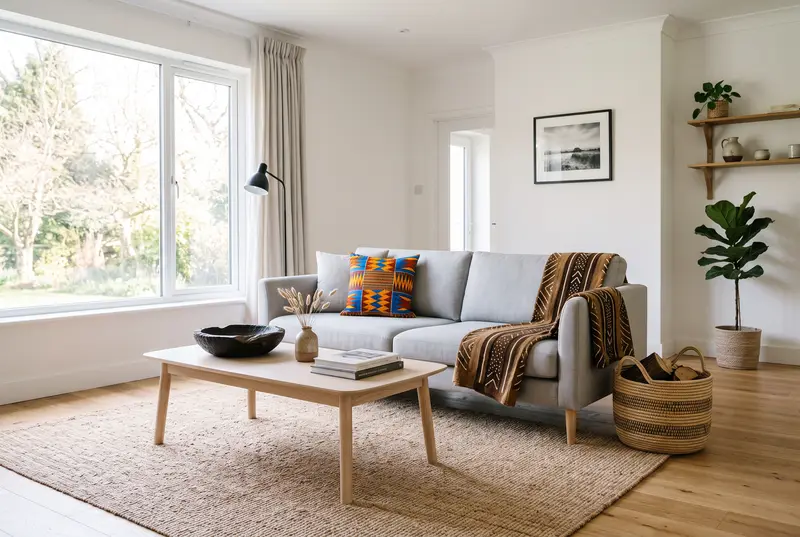 Salon scandinave blanc et bois clair, canapé gris, coussin en wax, plaid en bogolan, bol en bois sombre sculpté et tapis en jute.