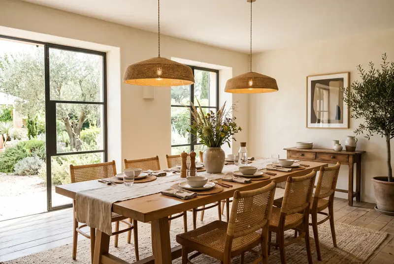 Deux suspensions plates en jute tressé alignées au-dessus d’une longue table en bois, avec assiettes et sets tressés.