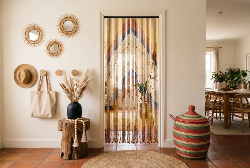 Entrée aux murs crème et au sol en tomettes : rideau de perles jaunes, rouges, bleues et ivoire dans l’embrasure d’une porte, trois miroirs soleil en rotin, patères rondes en chêne avec un chapeau de paille et un sac en toile, sellette taillée dans un tronc portant un vase noir garni de pampa et une guirlande de perles en bois, grand panier rayé à couvercle et tapis rond en jute.
