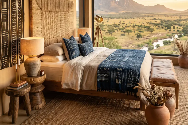 Chambre ouverte sur une vallée de savane : grande tête de lit tressée, lit en lin blanc couvert d’un plaid indigo à motifs et de coussins indigo, tenture bogolan noire et crème, lampe à pied en céramique sur un tabouret en bois, jarres en terre cuite garnies de fleurs séchées et tapis en jute.