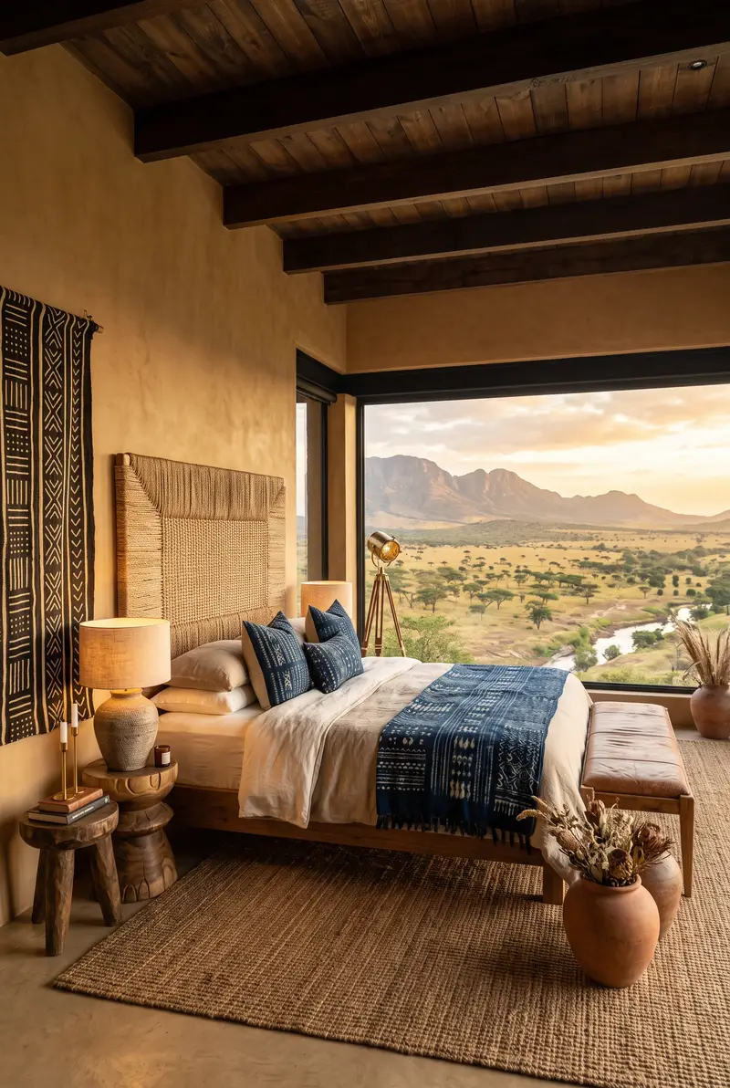Chambre sous charpente en bois sombre, grande baie vitrée sur une vallée de savane et des montagnes au lever du soleil : lit bas en lin blanc avec plaid et coussins indigo, tête de lit tressée, tenture bogolan, tabourets sculptés, jarres en terre cuite et tapis en jute.