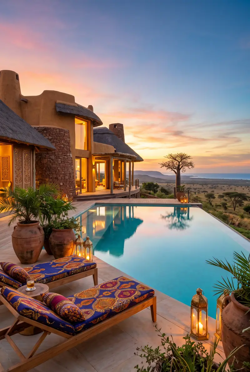 Piscine à débordement au crépuscule face à une vallée et à un baobab, transats en teck garnis de coussins en wax bleu et orange, lanternes en laiton et jarres en terre cuite, villa en terre et chaume illuminée en arrière-plan.