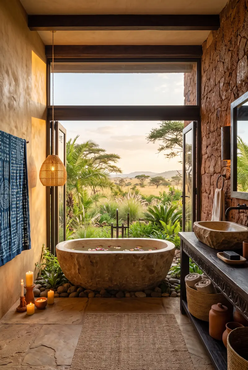 Salle de bain en pierre ouverte sur un jardin de palmiers et la savane : baignoire taillée dans la pierre, mur en pierre de latérite, vasque sur console en bois sculpté, paniers et serviettes roulées, tissu indigo, bougies et suspension tressée.