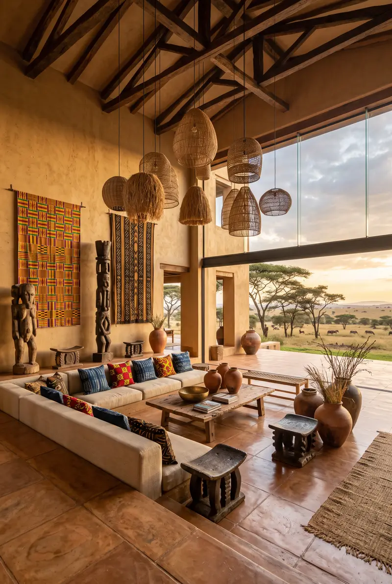 Salon à double hauteur sous une charpente en bois sombre, murs en terre lissée, suspensions géantes en vannerie, tentures kente et bogolan, canapé crème à coussins indigo et wax, tabourets sculptés et grande baie ouverte sur la savane et ses acacias.
