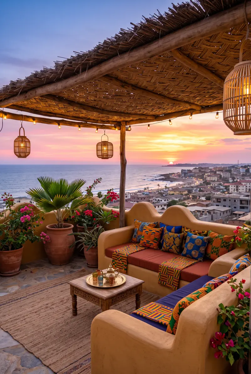 Terrasse sur le toit au coucher du soleil face à l’océan et à une ville côtière : pergola en roseaux tressés, lanternes suspendues, banquette en terre garnie de coussins wax et kente, table basse sculptée avec un plateau à thé, jarres en terre cuite, palmiers et bougainvilliers.