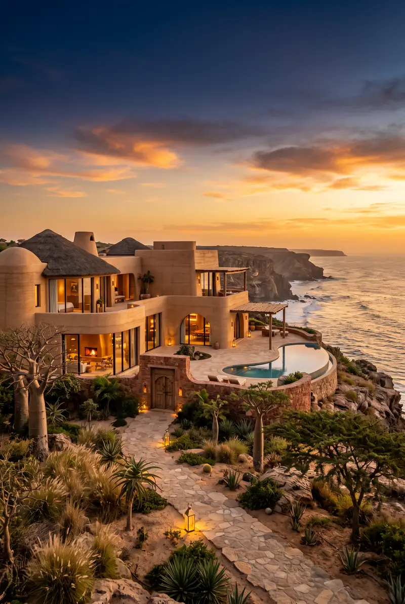 Villa contemporaine en terre ocre et toits de chaume au sommet d’une falaise, face à l’océan au coucher du soleil : grandes baies vitrées éclairées, porte en bois sculpté, petite piscine en terrasse, baobabs et sentier de pierre bordé de lanternes.