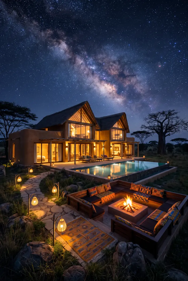 Villa illuminée en pleine savane sous la Voie lactée : grandes baies vitrées éclairées, piscine à débordement lumineuse, salon extérieur autour d’un feu avec coussins kente et wax, lanternes le long d’un chemin de pierre, silhouettes d’acacias et de baobabs.