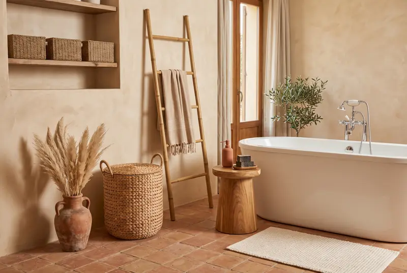 Salle de bain esprit spa aux murs sable et au sol en tomettes : échelle en bambou avec fouta, panier à linge en jacinthe d’eau, vase en céramique à deux anses avec herbes de pampa, tabouret en teck portant un distributeur de savon terracotta et du savon noir, baignoire îlot, tapis de bain crème tressé et paniers en jonc de mer sur l’étagère.