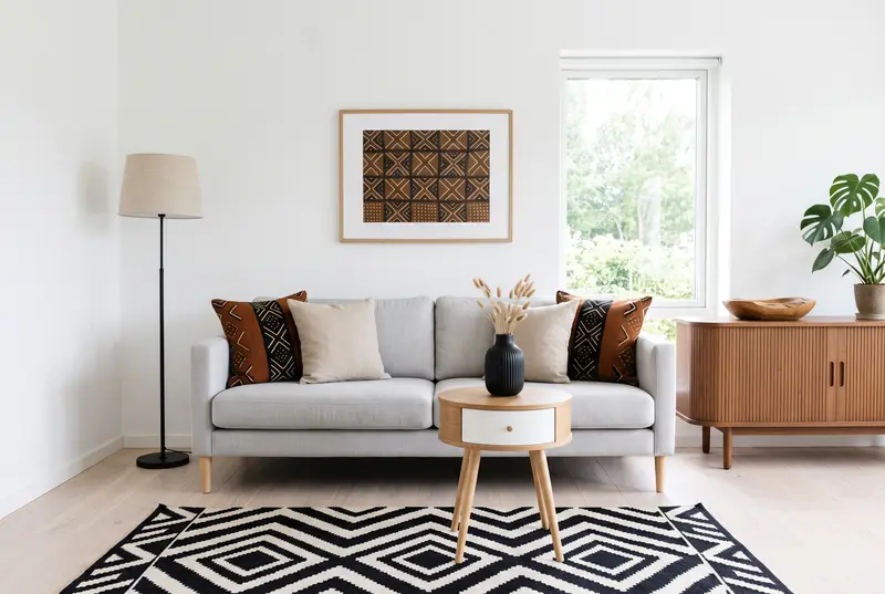 Salon scandinave lumineux : canapé gris clair avec coussins mudcloth rouille et noir et coussins en lin beige, tissu bogolan encadré en chêne au mur, table d’appoint ronde bois et blanc avec vase noir rainuré, buffet à lattes en bois avec bol en manguier, lampadaire noir à abat-jour en lin et tapis tribal noir et ivoire.