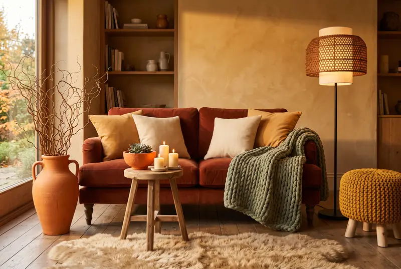 Salon aux murs ocre dans une lumière de fin de journée : canapé en velours rouille, plaid vert sauge en grosse maille, tabouret en bois brut portant une coupe en terre cuite et des bougies, amphore avec branches de saule bouclées, tapis en peau de mouton beige, lampadaire à abat-jour en rotin et pouf tricoté moutarde.