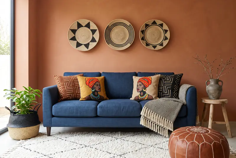 Salon au mur enduit terracotta : canapé bleu indigo, deux coussins à portraits de femmes africaines aux foulards orange, deux coussins mudcloth rouille et noir, plaid à losanges noir et crème à franges, trois paniers tressés à motifs noirs au mur, plante dans un panier noir et naturel, tapis berbère crème, pouf marocain en cuir cognac et tabouret en bois portant un vase patiné.
