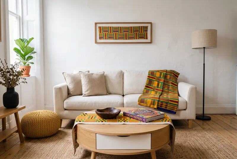 Salon clair : canapé en lin crème avec deux coussins beiges et un jeté en kente jaune, vert et rouge, table basse ronde en chêne clair couverte d’un chemin de table imprimé kente, bol en bois sculpté et livre sur les textiles africains, pouf tricoté moutarde, vase noir à rainures, lampadaire noir à abat-jour en lin, tapis en jute et bande de kente encadrée au mur.