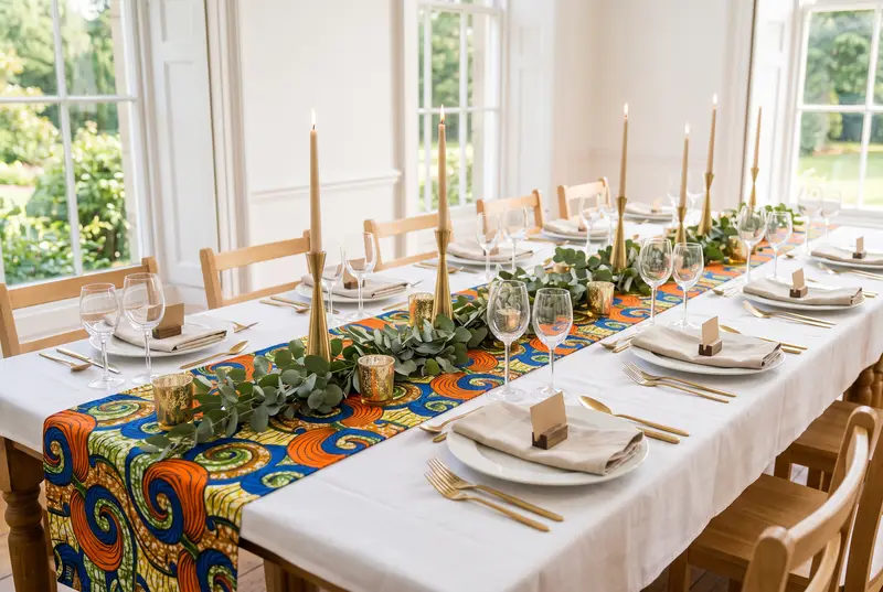 Longue table de mariage dans une salle claire : nappe blanche, large chemin de table en wax orange, bleu et jaune à grandes volutes, branches d’eucalyptus, bougeoirs dorés coniques avec bougies champagne, photophores dorés, assiettes blanches, couverts dorés, verres à pied, serviettes en lin beige et porte-noms en bois avec carte kraft.