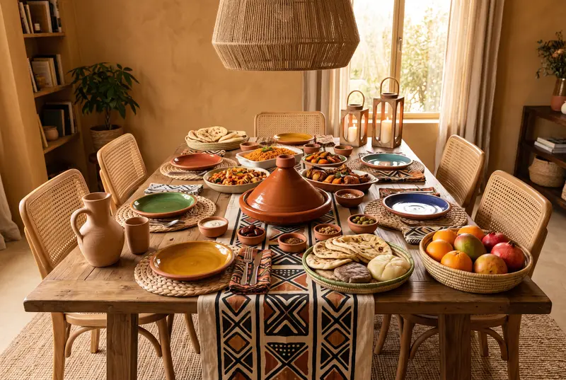 Grande table en bois dressée pour la Tabaski dans une salle à manger aux murs ocre : plat à tajine en terre cuite au centre, assiettes en terre cuite jaunes, vertes et bleues sur des sets ronds tressés, petits bols de sauces et de dattes, carafe en argile, plateau tressé garni de pains, corbeille de fruits, deux lanternes en bois, chemin de table à motifs géométriques, chaises cannées et grande suspension en jute.