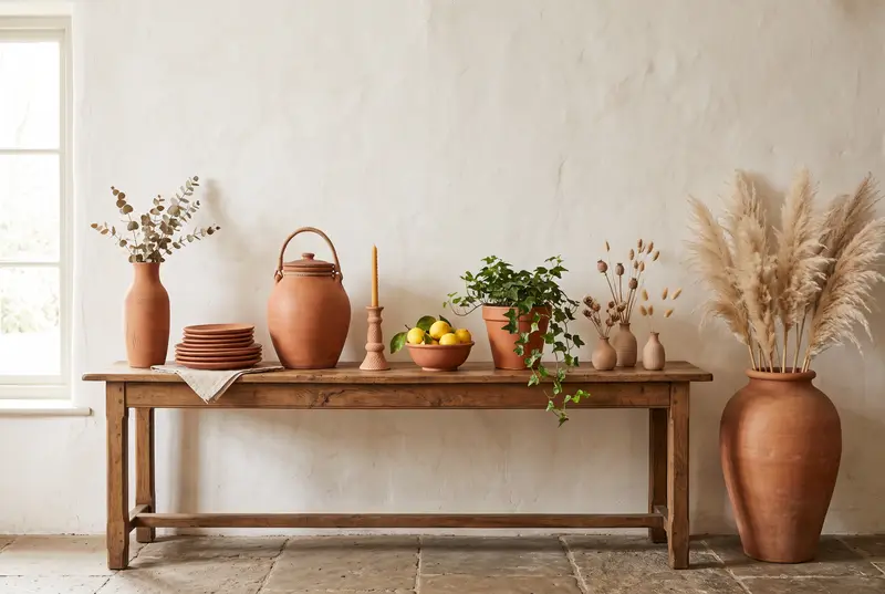 Console en bois rustique contre un mur blanc chaulé, garnie d’objets en terre cuite : grande jarre ronde à couvercle, vases gravés, coupe de citrons, petits soliflores, pot avec plante retombante, bougeoir et pile d’assiettes, grand vase au sol avec pampas.