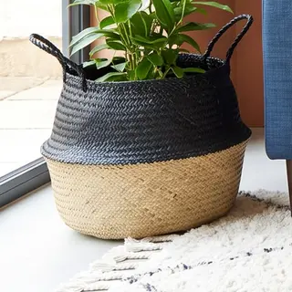 Illustration : Cache-pot tressé en jonc de mer, noir, 27 cm